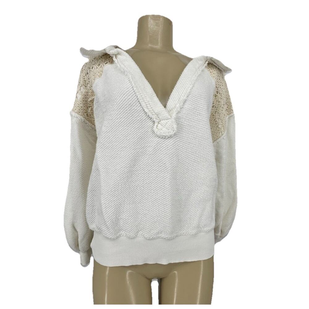 Free People Beach Large French Terry Lace Shoulder Long Sleeve Crop Top KA3